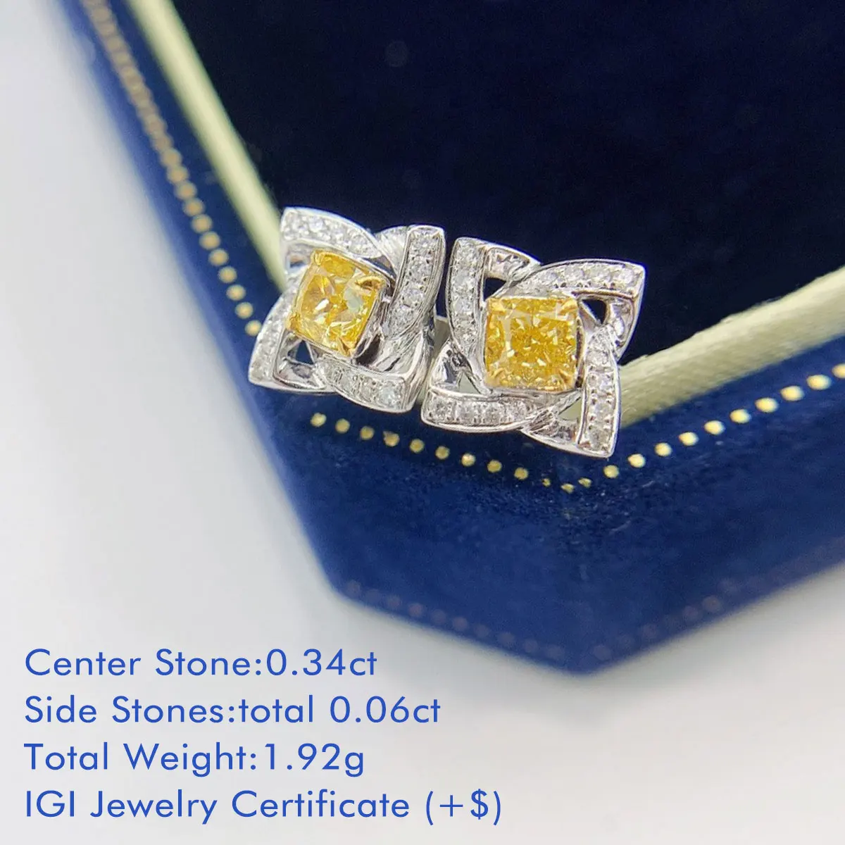 18K White Gold Yellow Diamond Earrings Cushion Cut Natural Diamond Pavé Windmill Shaped Frame Diamond Stud Earrings For Women