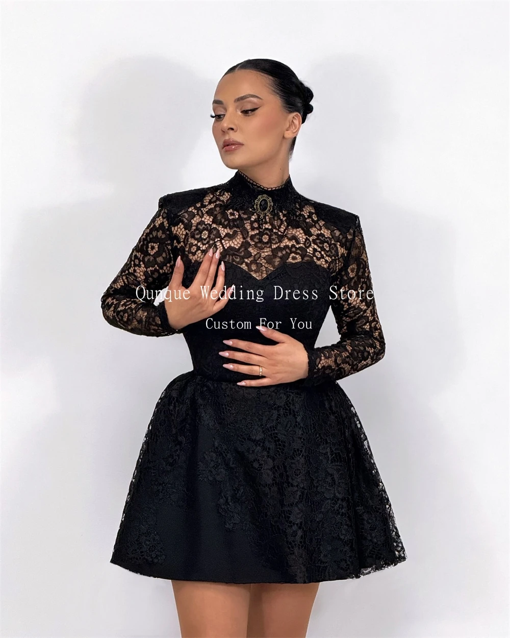 Qunque Black Short Hollow Back Prom Dresses Mini Lace Birthday Dress High Neck Women Vestidos Para Mujer De Noche Customized