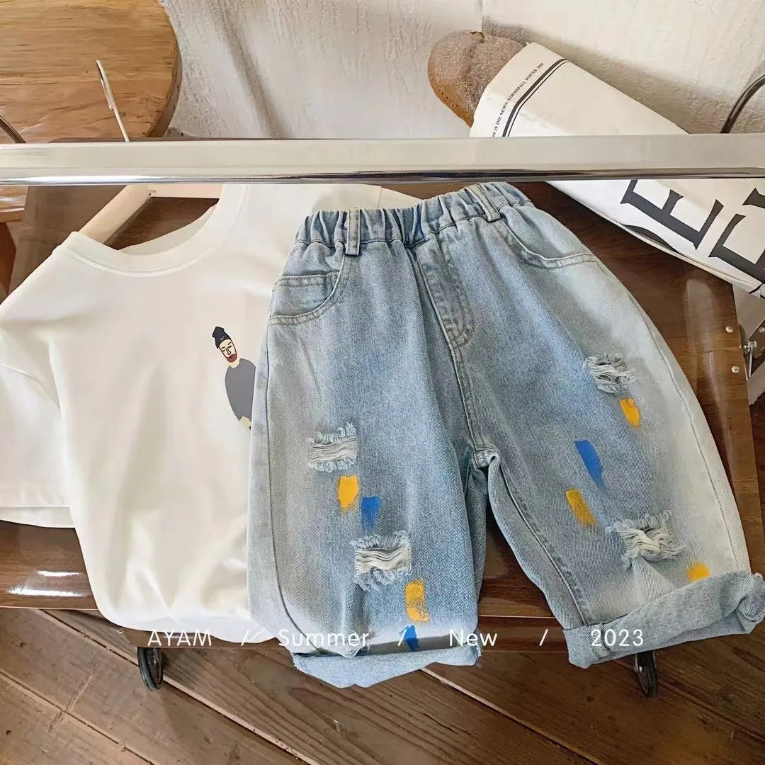 Boys Jeans Summer 2026 New Kids Thin Ripped Denim Casual Cropped Pants Children Fashion Design Capri Pants