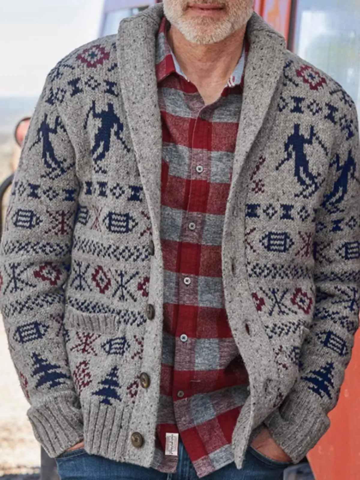 

Men's Long Sve Turn-down Collar Knitted Cardigan Single-breasted Jacquard Open-front Casual Slim-fit Spring Autumn Wear