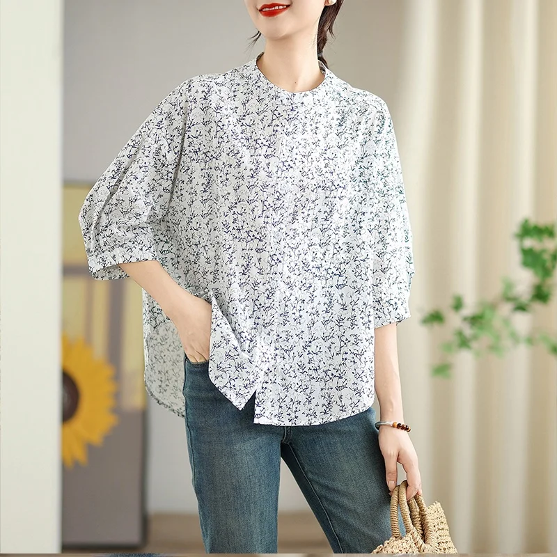 

plus Size Women's Shirt Spring Autumn Floral Print Short Sleeve round Neck Doll Top Comfortable Fit Commute Style Casual Shirt