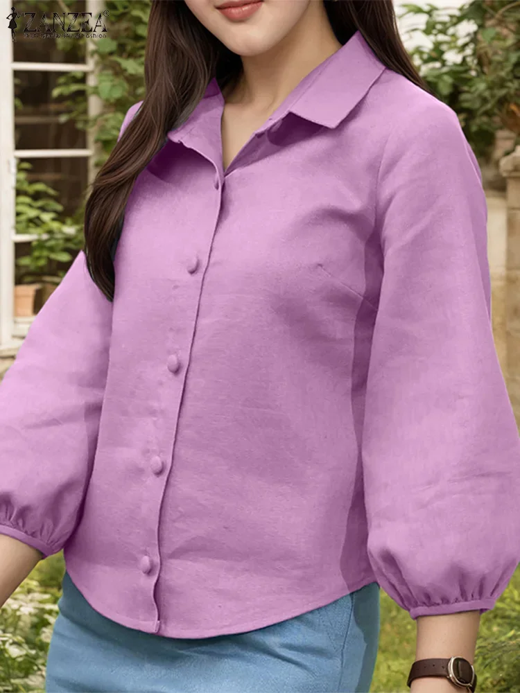

Casual Loose Spring Shirts Women Solid Three Quarter Sleeve Tops Fashion Lapel Neck Tunic Lady Office Work Blusas ZANZEA 2025
