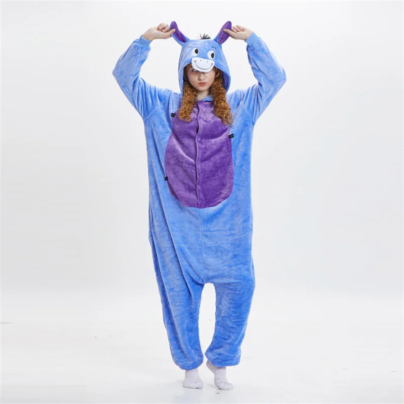 Adult Men Women Kigurumi Cartoon Donkey Animal One-piece Sleepwear Hooded Homewear Jumpsuit Ankle-length Loungewear Couple