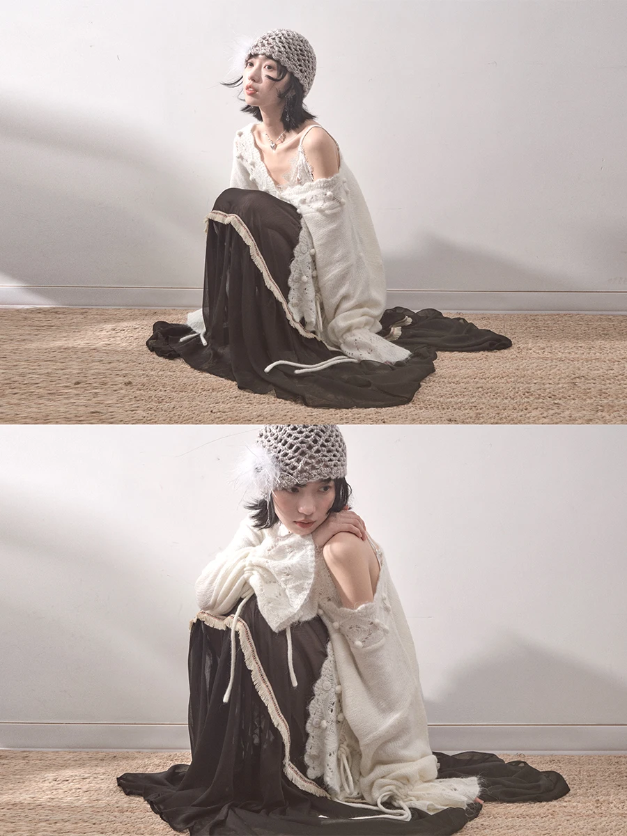 

Liparpa Romantic Double Color Knitted Loose Furry Sweater Classical Sle Bell Sve V-Ne Button-Up Coat for Autumn