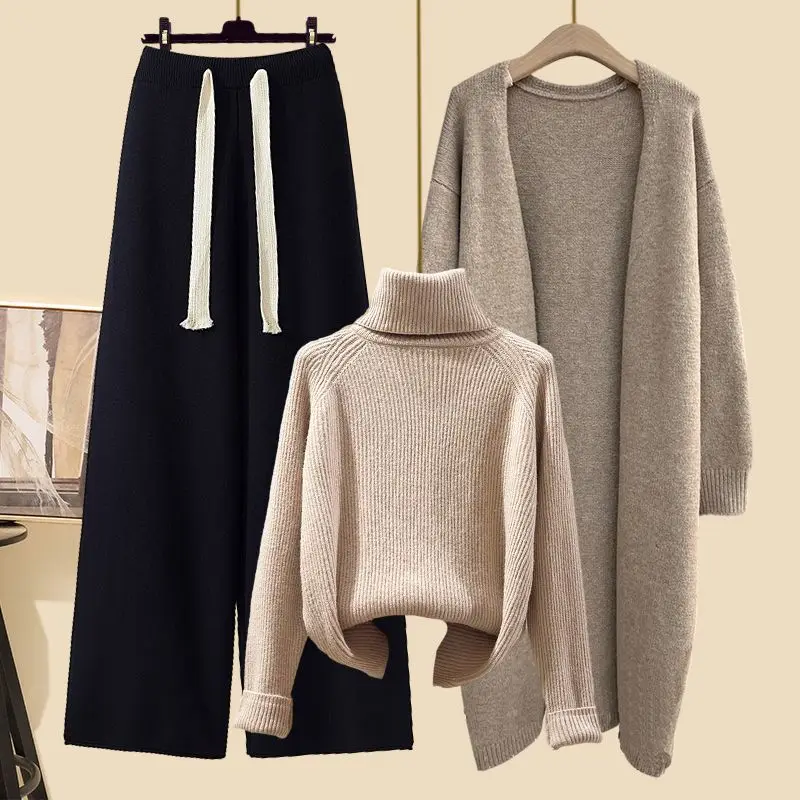 Winter New High Neck Knitted Sweater Casual Knitted Windbreaker Knitted Wide Leg Pants Three Piece Elegant Women\'s Pants Set