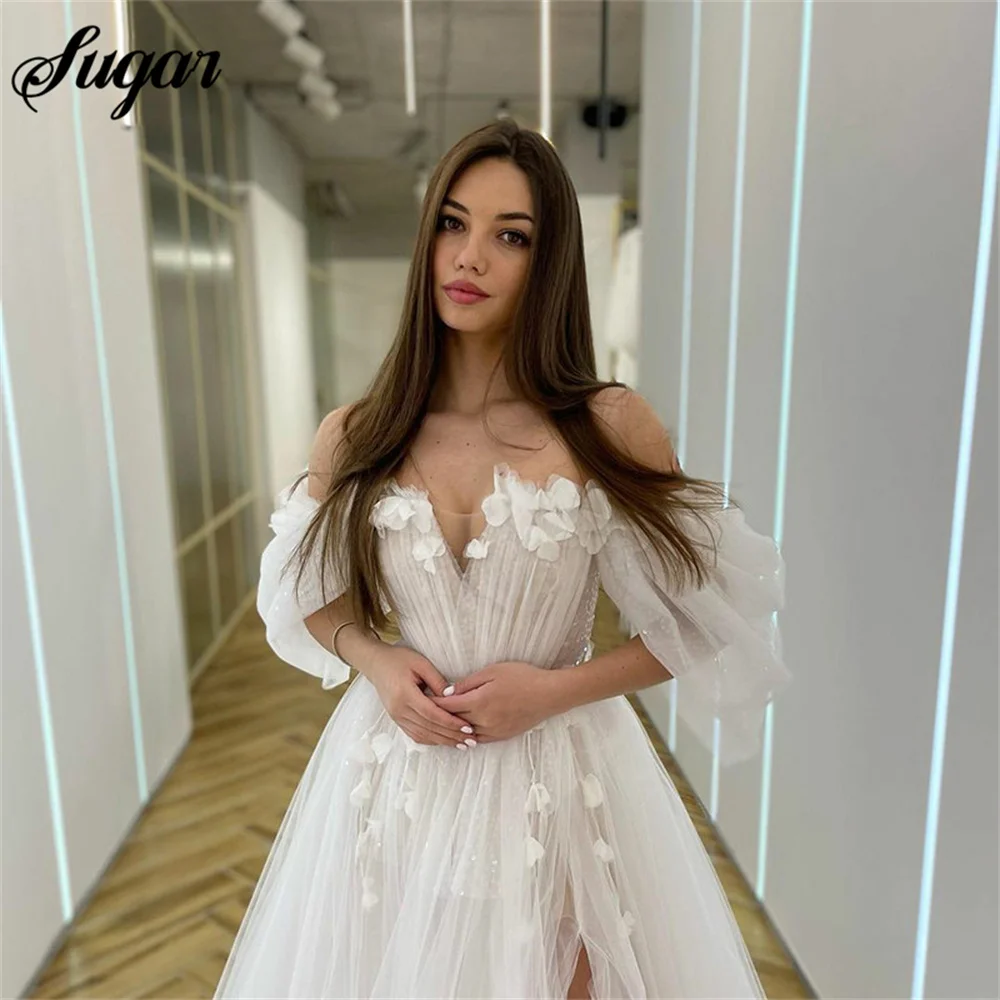 Wedding Dresses Fairy Sweetheart Neck Boho Bride Dresses 3D Flowers Puff Sleeve Elegant Wedding Gowns suknia ślubna Bridal Gown