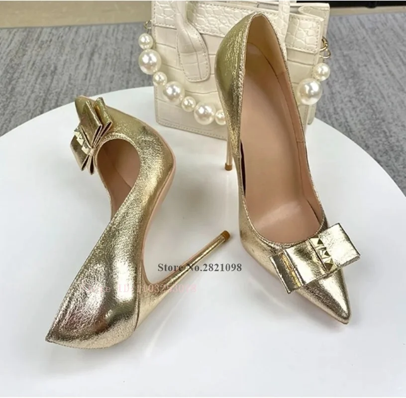 

Bow Knot Decoration Gold Pointed Toe 8Cm 10Cm 12Cm High Thin Heel Dating Party Plus Size Ladies Pumps Women Prom Shoes