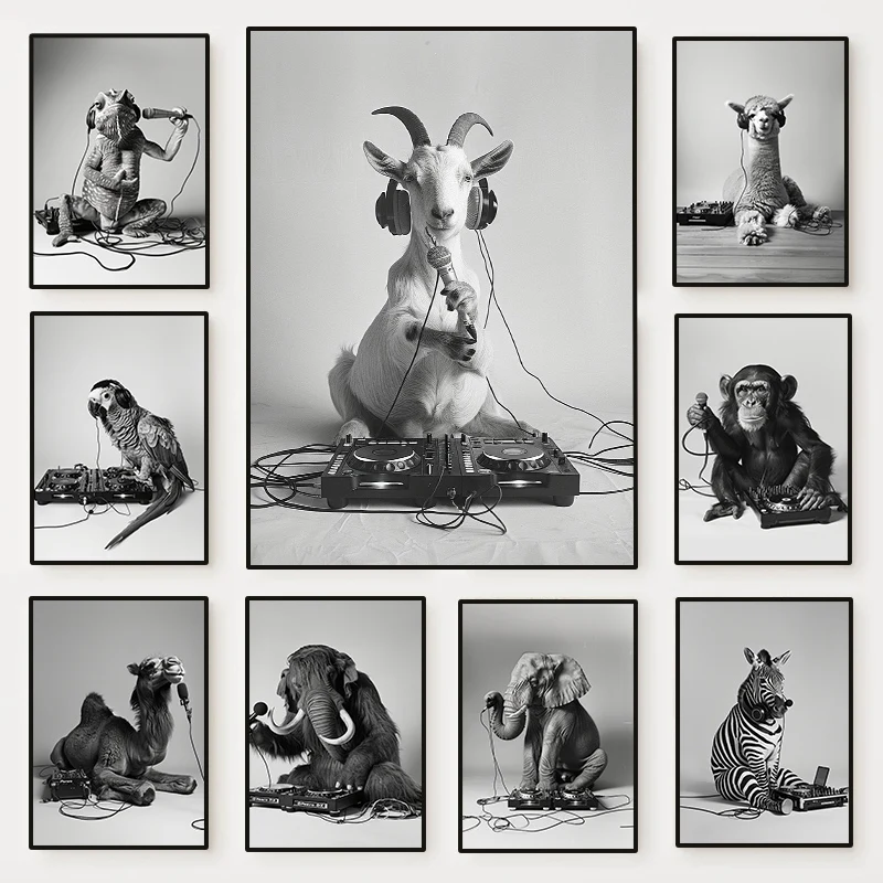 2026 Funny DJ Animal Music Poster Goat Alpaca Monkey Parrot Sing Canvas Painting Wall Art for Living Room Home Decor Singer Gift