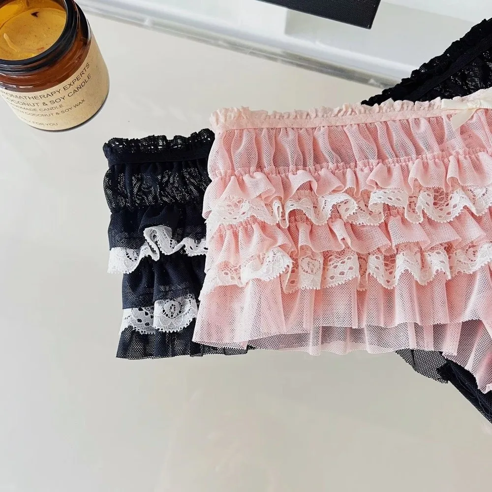 Cotton Crotch Women's Lace Panties Sweet Bow Layered Ruffles Ruffled Lace Panties Breathable Mesh Lace Trim Low Rise Briefs