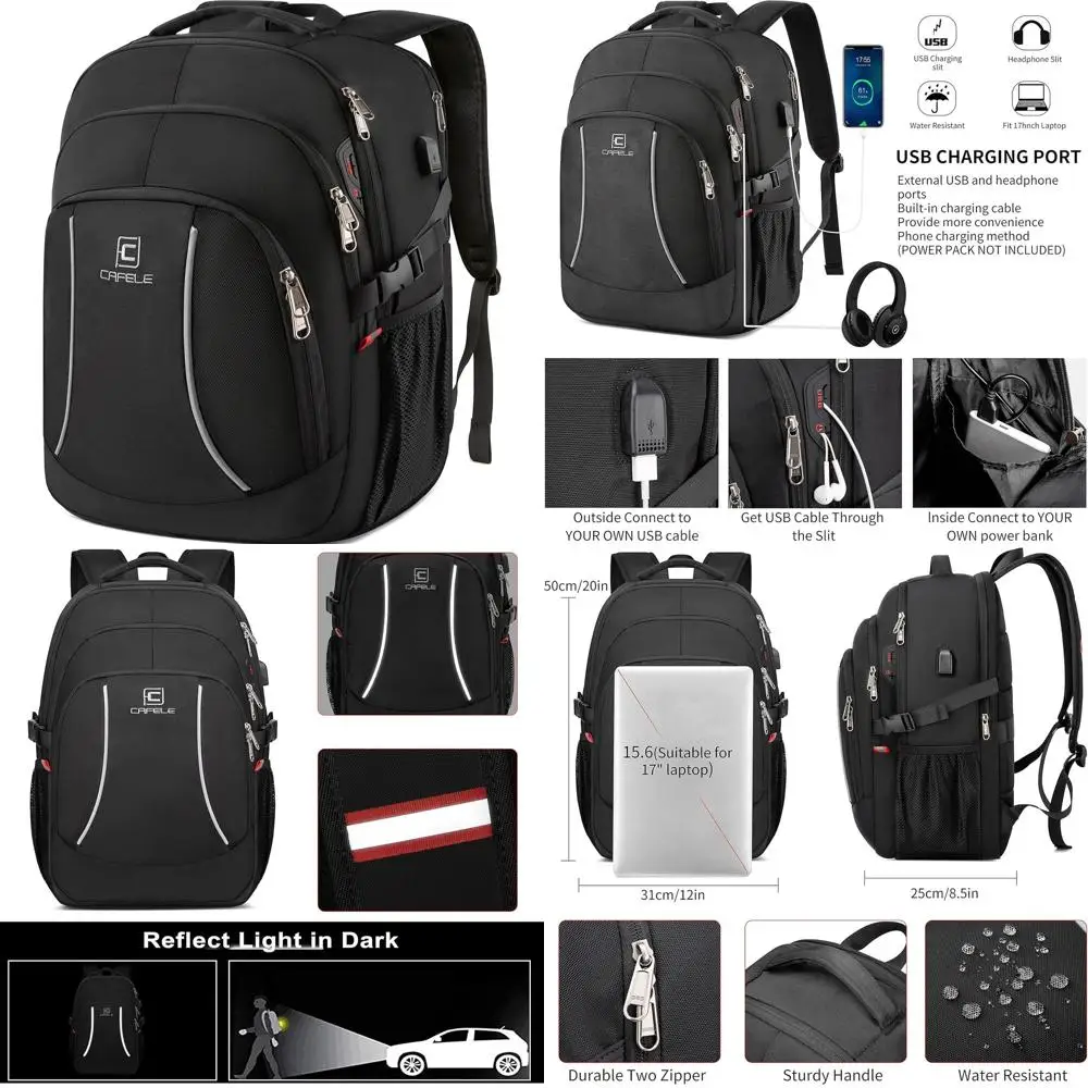 

Рюкзак для ноутбука 17,3 дюйма с USB-портом, водонепроницаемый, прочный, для школы или путешествий, унисекс, черный