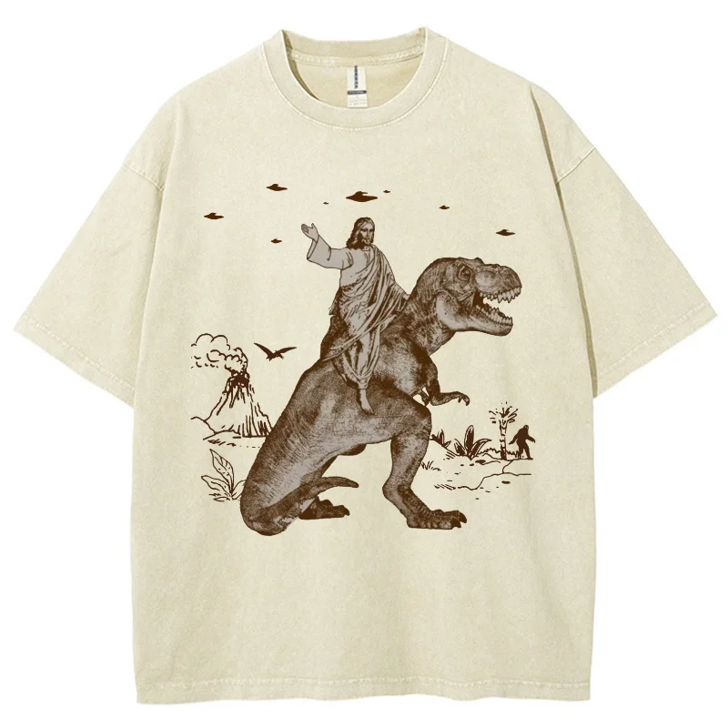 Camiseta feminina estampada de dinossauro dos desenhos animados, lavagem unissex afligido camiseta vintage, top estudante moda design férias