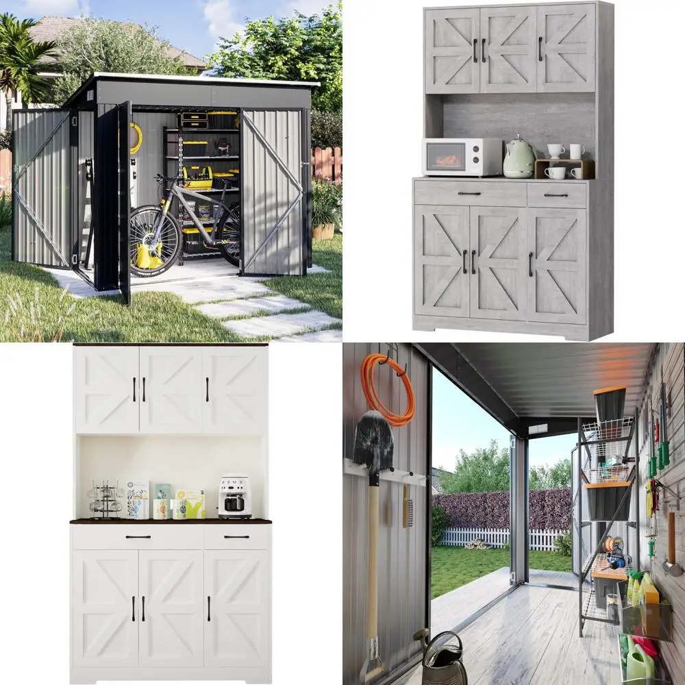 Aoxun 4x8 galpão de armazenamento externo com portas triplas com fechadura, armário de metal e telhado inclinado para ferramentas e bicicletas