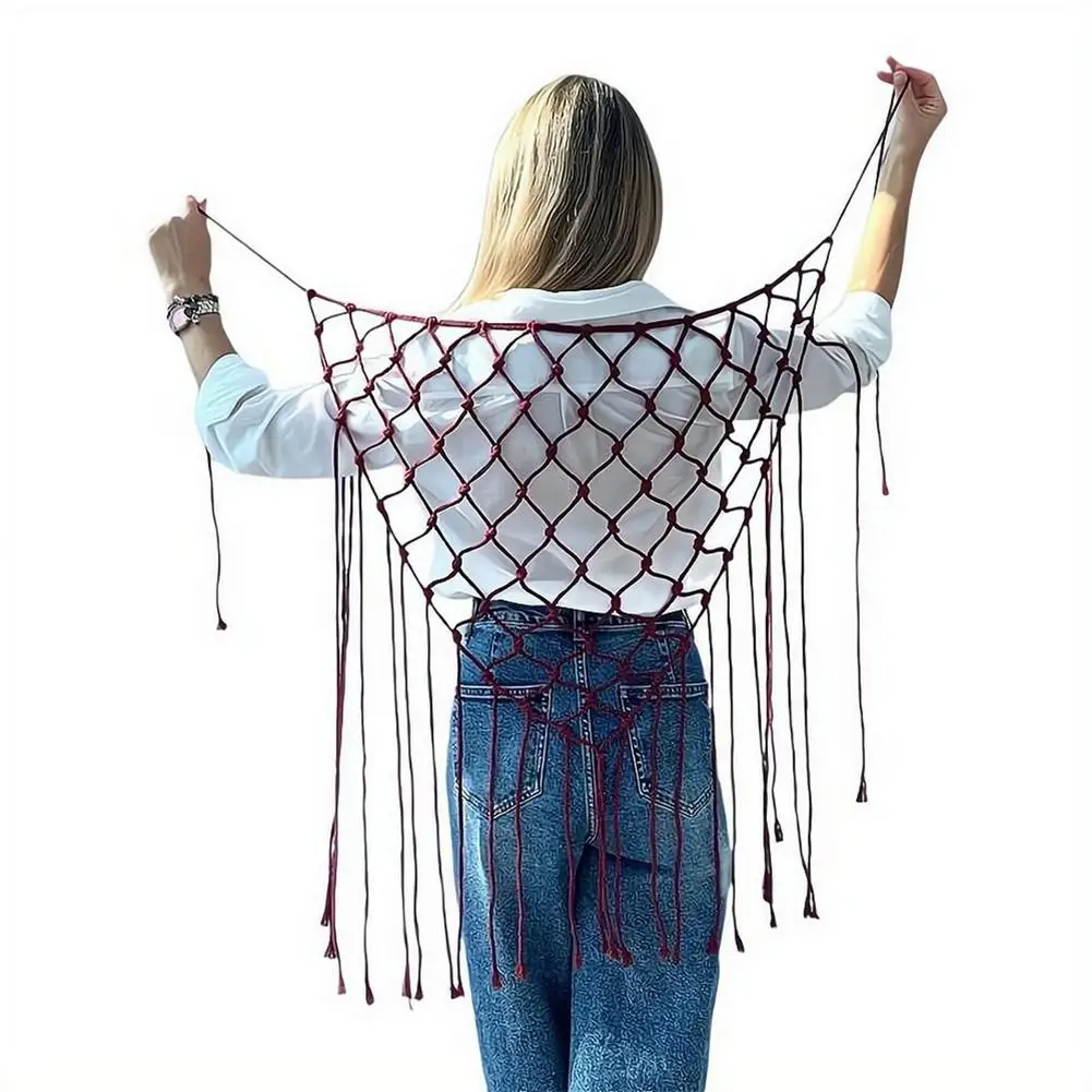 Image of Böhmischer Bikini-Überwurfrock mit Netzfransen, handgewebter Schal, Bikini-Überwurf mit Netzstoff und Quastenbund, dekorativer Quasten-Accessoire