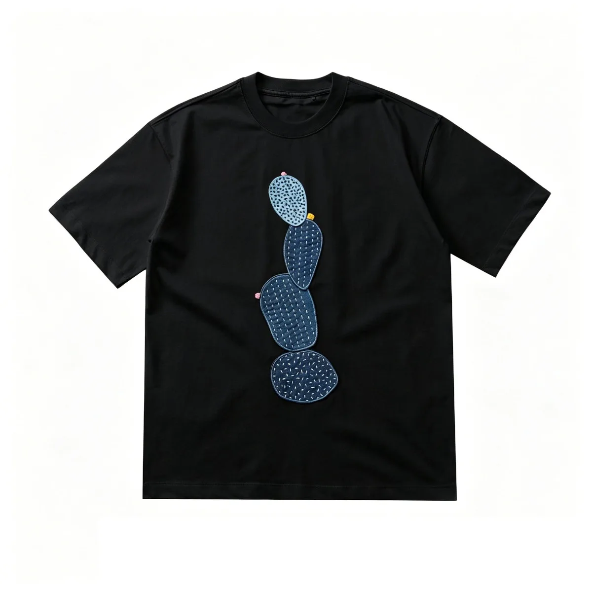 Japanese Retro Cactus Print Fabric Short Sleeved T-shirt for Men and Women Loose Short Tee
