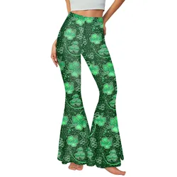 [Sei il mio segreto] pantaloni a zampa di elefante a vita alta lavorati a maglia da donna Irish Shamrock Clover Graphic Print St Patricks Day Praty pants