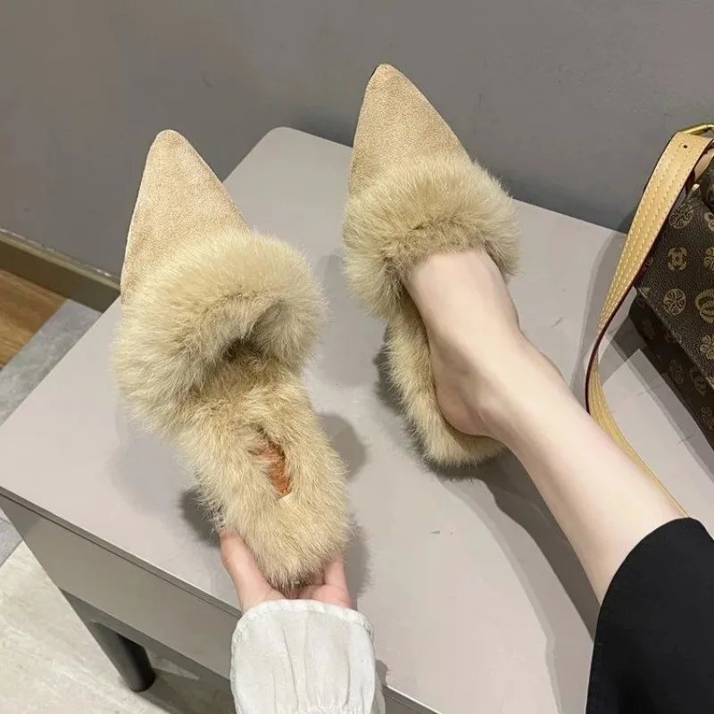 Winter New Fur Slippers Women Elegant Fashion Pointed Toe Mules Lady High Heel Shoes Female Sexy Chunky Warm Slides Black 34-42