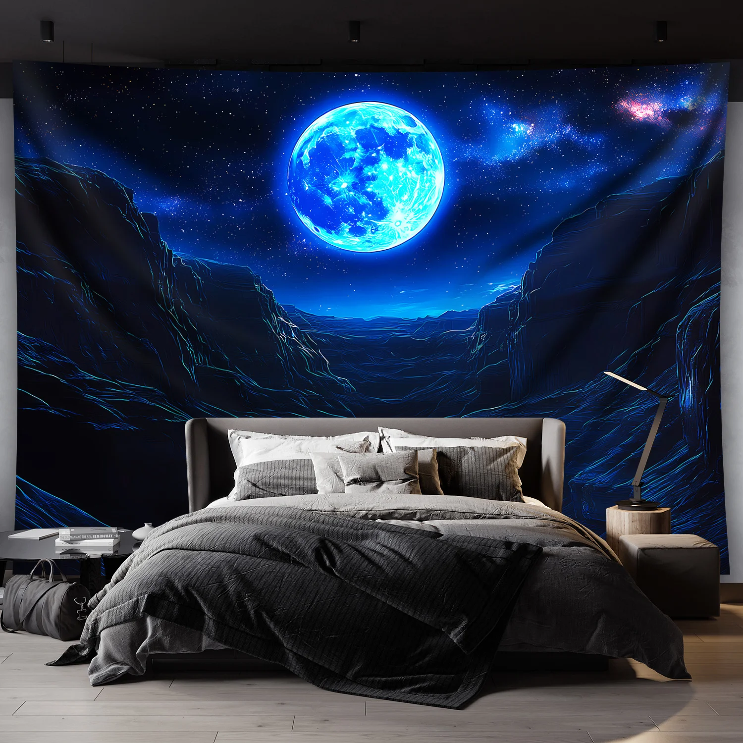 [Dark Night Sky Tapestry] 1pc Ultra Large Dark Night Sky Moon & Stars Tapestry - Retro Celestial Landscape Wall Art with Mountai