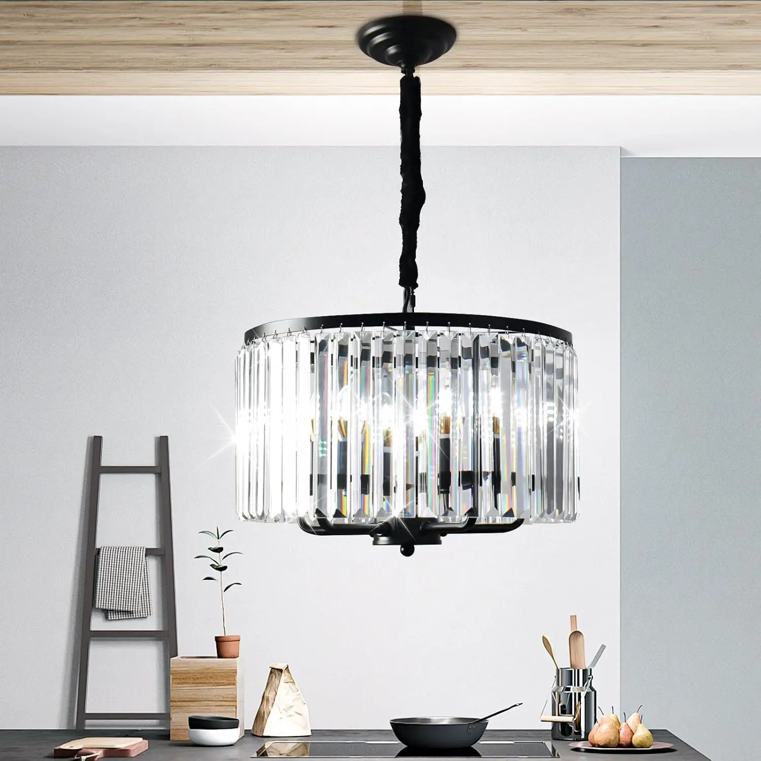 

Finktonglan Black Crystal Chandelier, Adjustable 5-Light Modern Pendant Light Fixtures Industrial Round Flush Mount Chandeliers