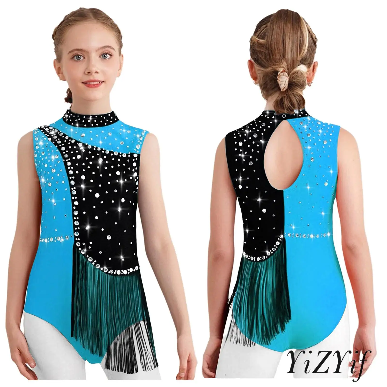 

Kids Girls Figure Skating Leotard Mock Neck Sleeveless Color Block Shiny Rhinestones Tassels Bodysuit Stage Performances Costume