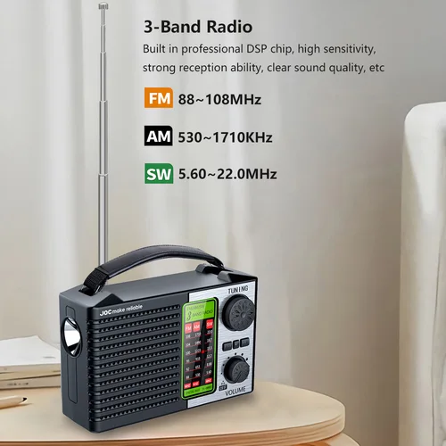 Imagen 2 del producto Radio portátil AM FM, Radios de onda corta recargables, alimentados por batería, ondas completas, compatible con reproductor de MP3 USB TF con Altavoz Bluetooth