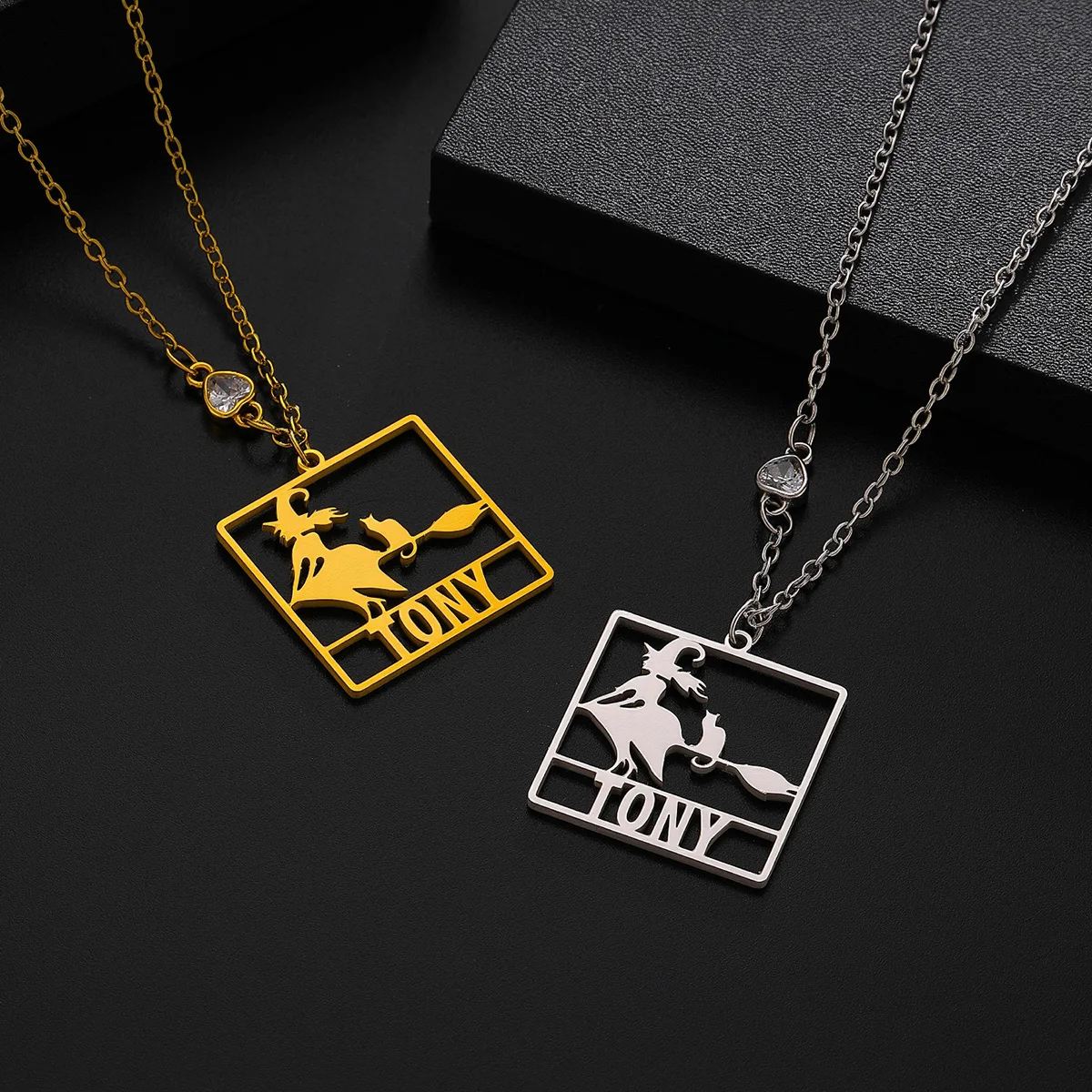 

Custom Name Stainless Steel Hollow Witch and Cat Square Necklace Women's Men's Fashion Trendy Pendant Necklace