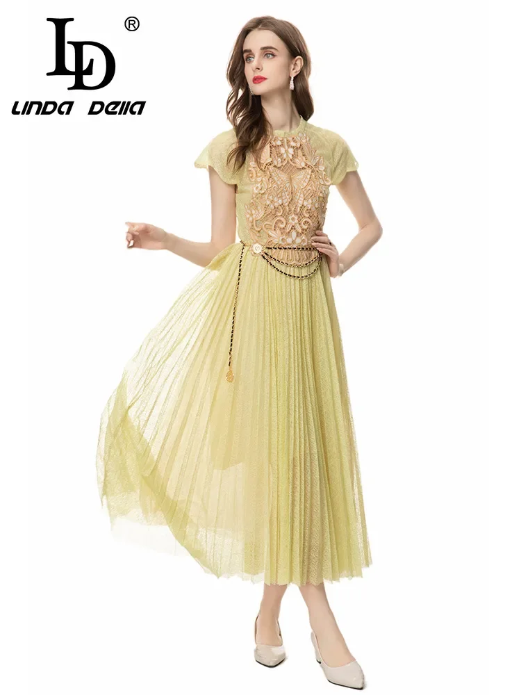 LD LINDA DELLA 2024 Summer Fashion Elegant Pretty Dress Women Embroidery Hollow Out Net Yarn Butterfly Sleeve Long Dresses