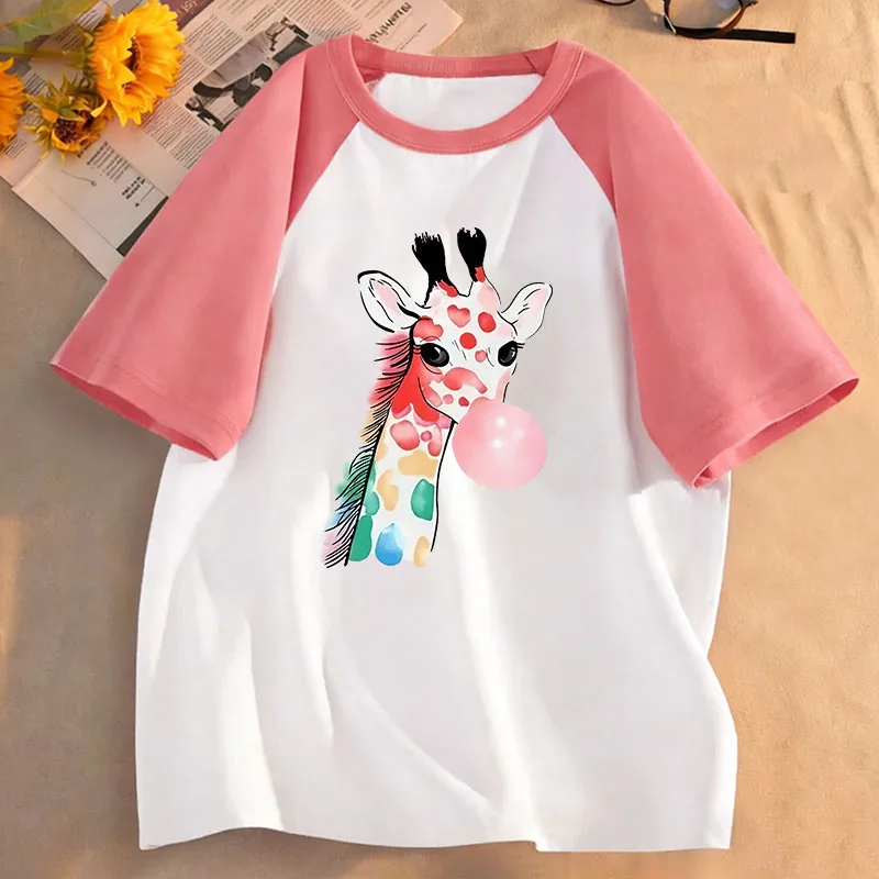 Giraffe with Gum Printed Short Sleeve T Shirts Animal 90s Kids Children's T-shirt Boys Girls Summer Spring Casual Top Tee Shirt