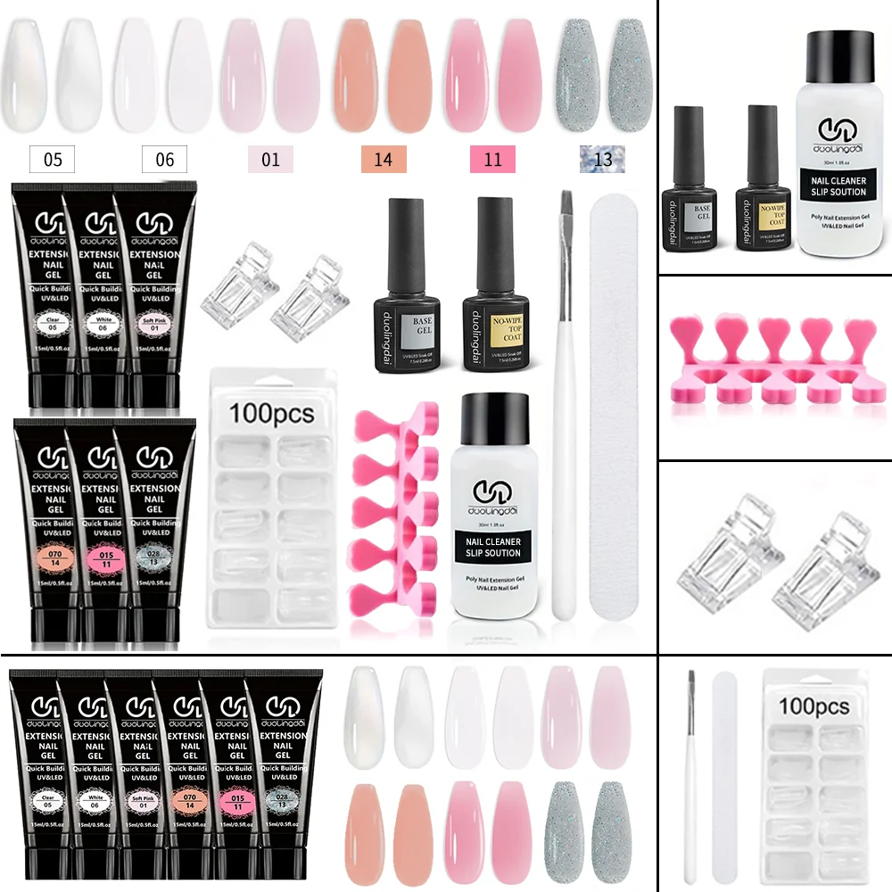 مجموعة أدوات تمديد جل البوليستر، بما في ذلك 30 مل من السوائل الأنظف، ومعطف أساسي 7.5 مل معطف علوي، وقالب أظافر، ومشبك أظافر وفرشاة أظافر