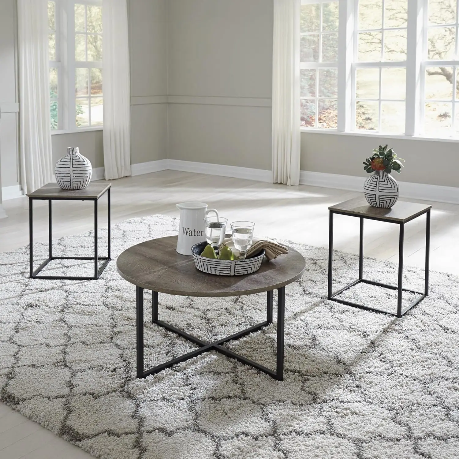 브라운 & 블랙 색상의 어반 우드 그레인 3피스 커피 및 엔드 테이블 세트, 모던 거실 가구