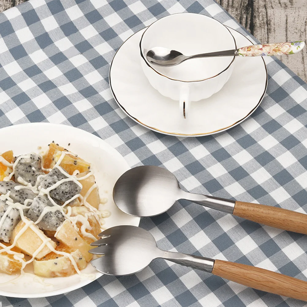 

2Pcs Salad Servers Stainless Steel Wood Handle Flatware Set Rustic Cutlery for Dinner Picnic Fruit Serving Fork Spoon