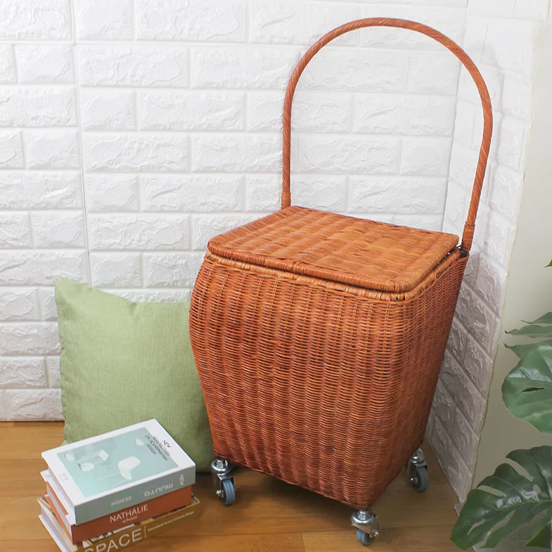 Handwoven Rattan Shopping Cart Home Grocery Trolley with Wheels Large Capacity Market Basket Stylish Pull Wagon for Supermarket