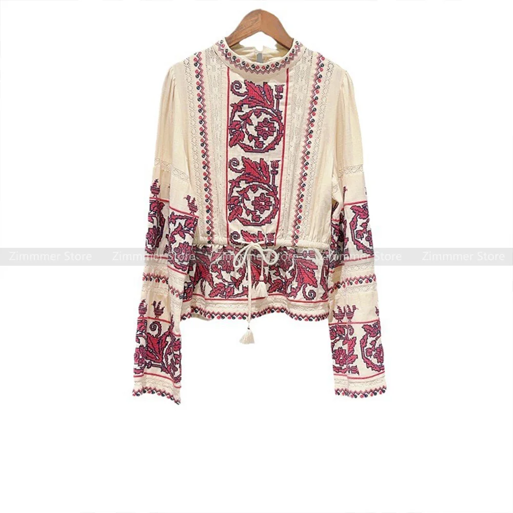 Fashion women\'s 2024 early autumn new heavy retro ethnic style embroidery round neck short-sleeved shirt + long-sleeved blouse