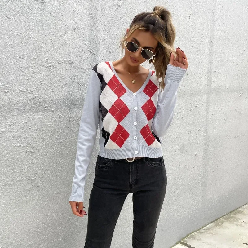 Spring Autumn Women V-Neck Single Breasted Cardigans Fashion Casual Plaid  Short Tops 3 Colors Argyle Jacquard Knitted Sweaters