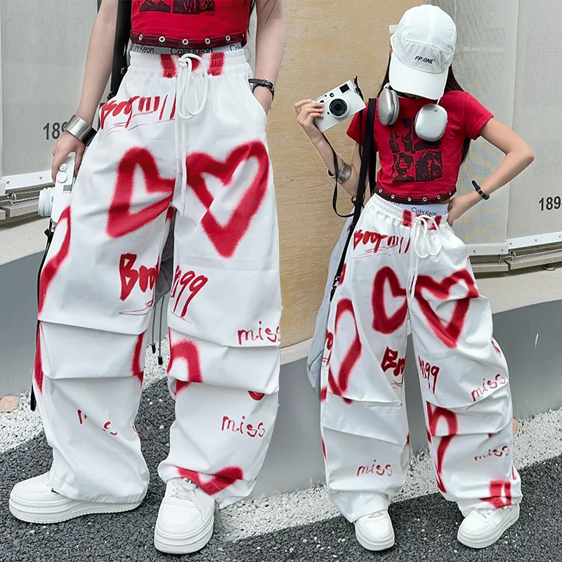 Sommer Teen Mädchen Liebe Graffiti Casual Hosen Junior Kind Casual Hip Hop Cargo Hosen Kind Tanz Jazz Hosen Kleidung 5-14 Outfit