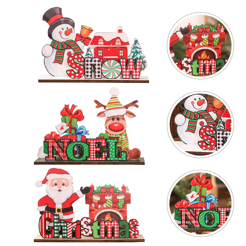 

3pcs Christmas Tabletop Decoration Wooden Sign Xmas Ornament Desktop Party Decor Festive Home Office Supplies Santa Claus Wood