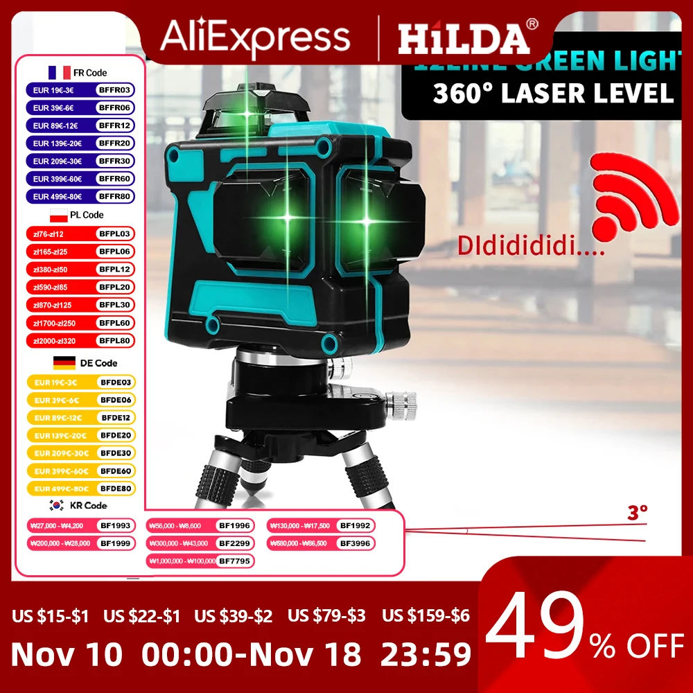 HILDA Laser Level 12 Lines 3D Level Self-Leveling 360 Horizontal And Vertical Cross Super Powerful Green Laser Level