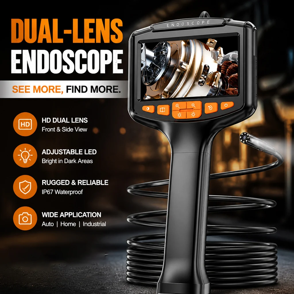 Industrie-Endoskope mit zwei Objektiven, 1080P 4,3-Zoll-LCD-Endoskop-Inspektionskamera und 8-mm-IP67-wasserdichte Kamera für Rohrleitungen