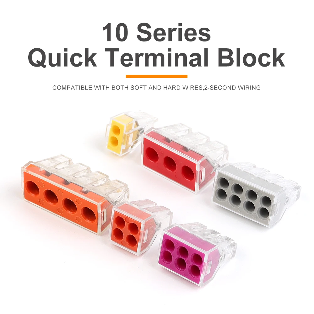 10PCS Mini Wire Connectors 2/3/4/6/8 Ports Quick Push-in Terminal Block Compact Conductor Connector For Hard Wires AWG18-14