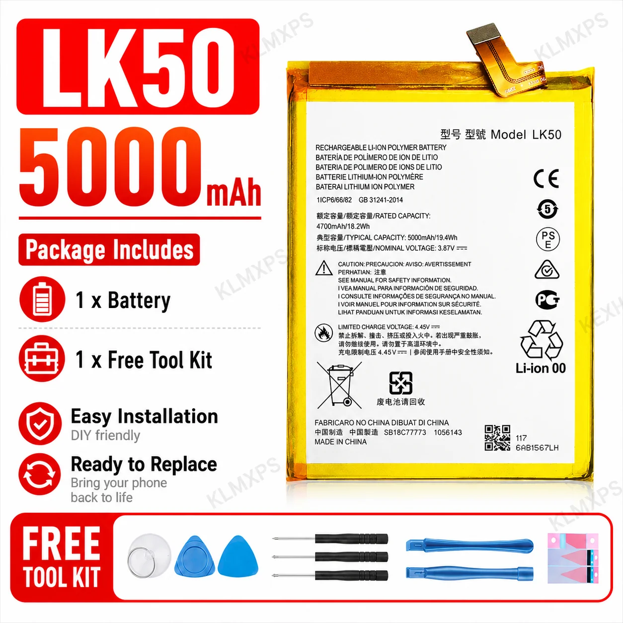 LK50 5000mAh 19.4Wh Li-ion Battery for Motorola Moto G60s G60S XT2133 Rechargeable Phone Replacement with Repair Tool Kit