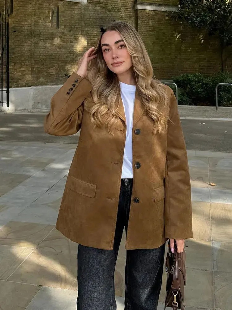 

Woman Suede Blazer Solid Lapel Long Sleeves Loose Suit Coat Female Pockets Commute Streetwear Women's New In Outercoat