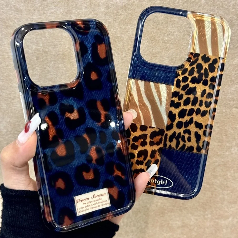 

Чехол для телефона для iPhone 16, 15, 14, 13, 12, 11 Pro Max Plus, новый INS, американский стиль, ретро джинсовый защитный чехол с леопардовым принтом и строчкой