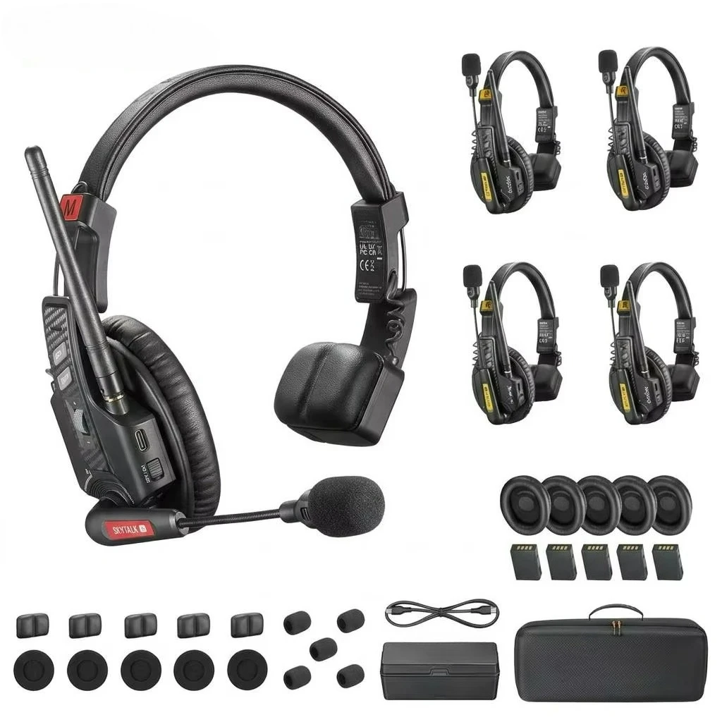 SkyTalk Air 5S 2.4G Full-Duplex Wireless Intercom System 5-User Headset Set 500m Noise Cancelling for Film Live Streaming