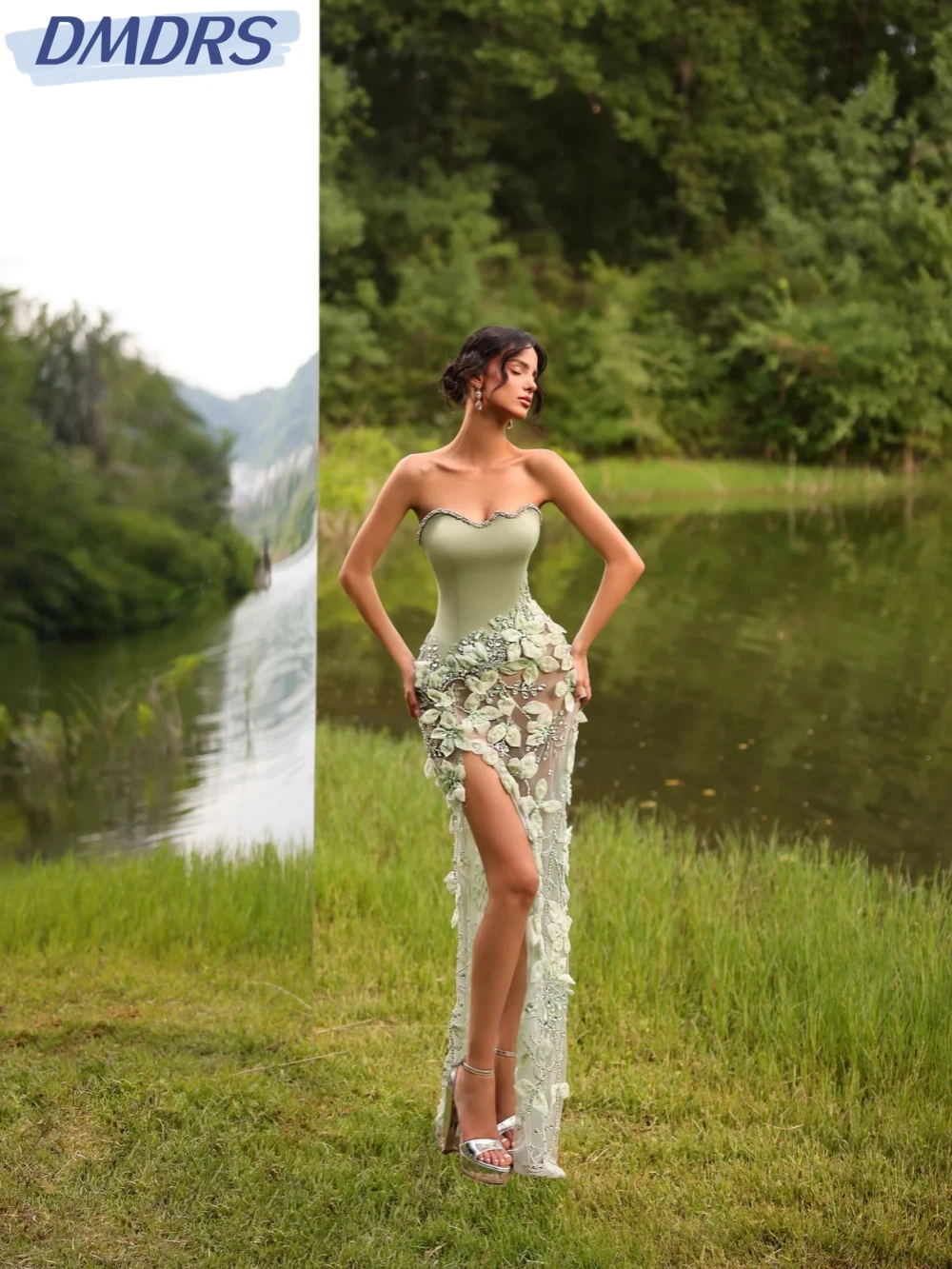 

Stunning Luxury Pearls Crystal Evening Dress Illusion Side High Slit Wedding Party Gown Customized Straight Long Prom Dresses