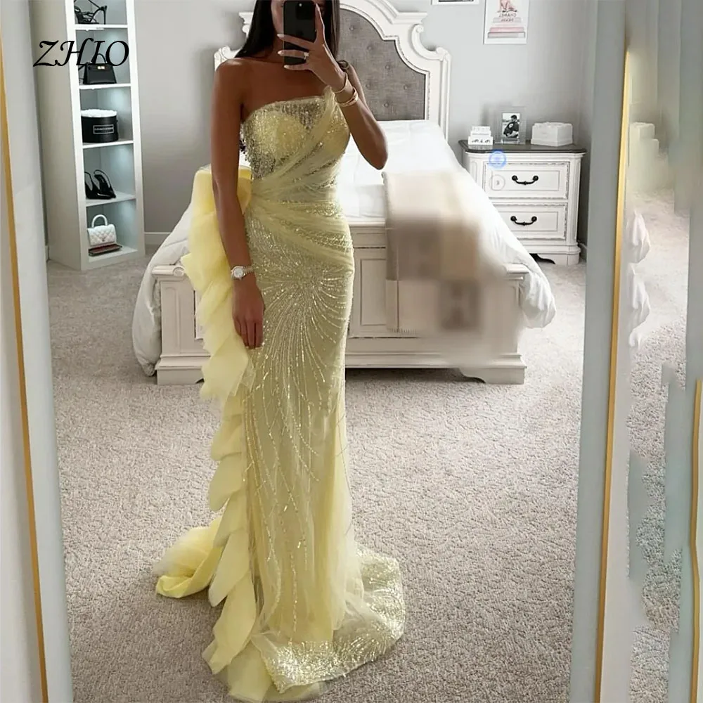 ZHIO Prachtige gele zeemeermin lange galajurken met pailletten strapless unieke mouwloze feestjurken met ruches aan de zijkant