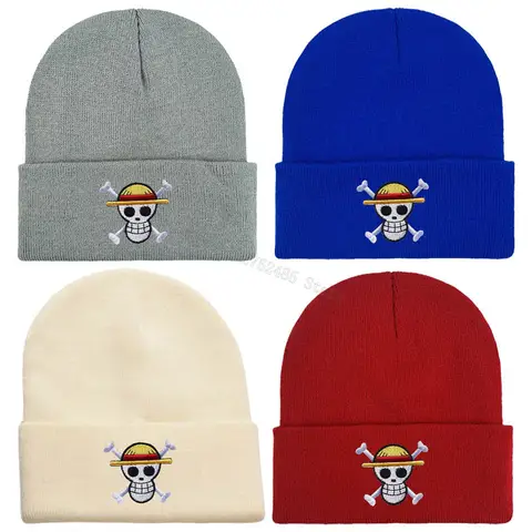 Een Stuk Gebreide Hoeden Luffy Zoro Schedel Borduren Caps Mode Mannen Vrouwen Winter Warm Beanie Cartoon Anime Motorkap Accessoires
