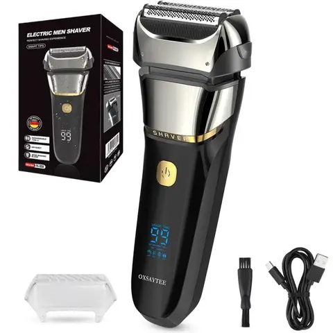 남성용 전기 면도기, 3날 및 가장자리 면도 영역을 갖춘 습식 및 건식 포일 면도기, 7500RPM 고속 모터, 디지털 전원 디스플레이