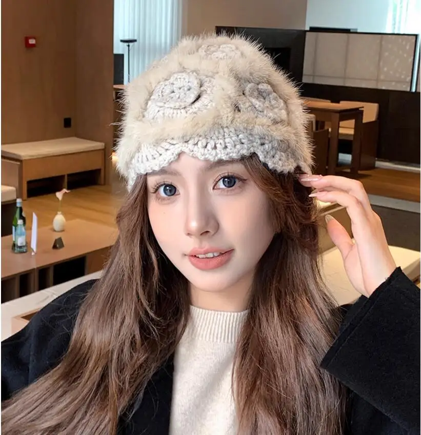 Genuine Mink Fur Hat for Women New Female Girls Fur Caps Ladies Winter Knitted Fluffy Beanies