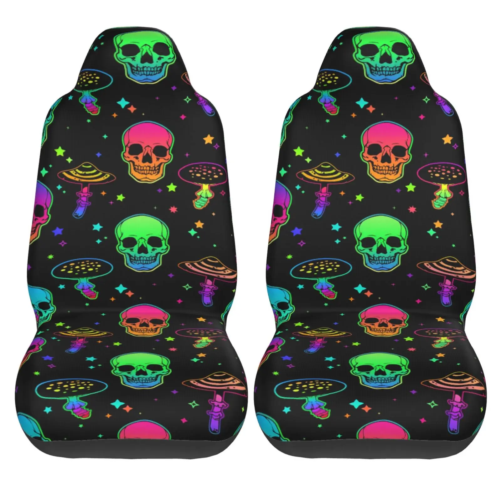 Psychedelic Mushroom Skull Pattern Car Seat Covers 2 Pcs Front Seat Protector Bucket Seat Covers Universal Auto Accessories