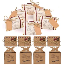 10Pcs Party Favor Candy Box, Vintage Mini Suitcase Favor Box, Kraft Paper With Tags And Burlap Twine For Travel Themed Party