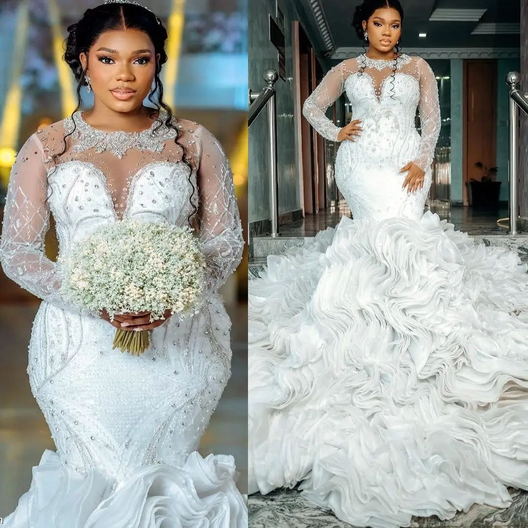 

Customized Arabic Plus Size Ivory Wedding Dresses Crystals Beaded Lace Tiers Organza Bridal Gowns Dress For Bride